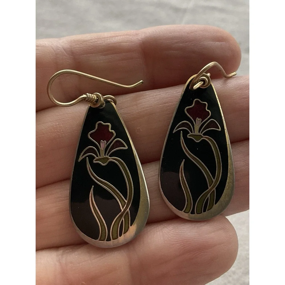 vintage 1980s Laurel Burch Wild Iris teardrop earrings Dangle Drop Enamel
